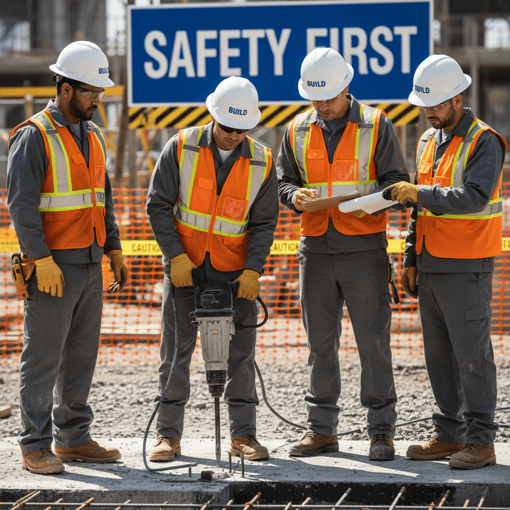 Sicherheitsausstattete Arbeiter führen professionelle Abbrucharbeiten durch