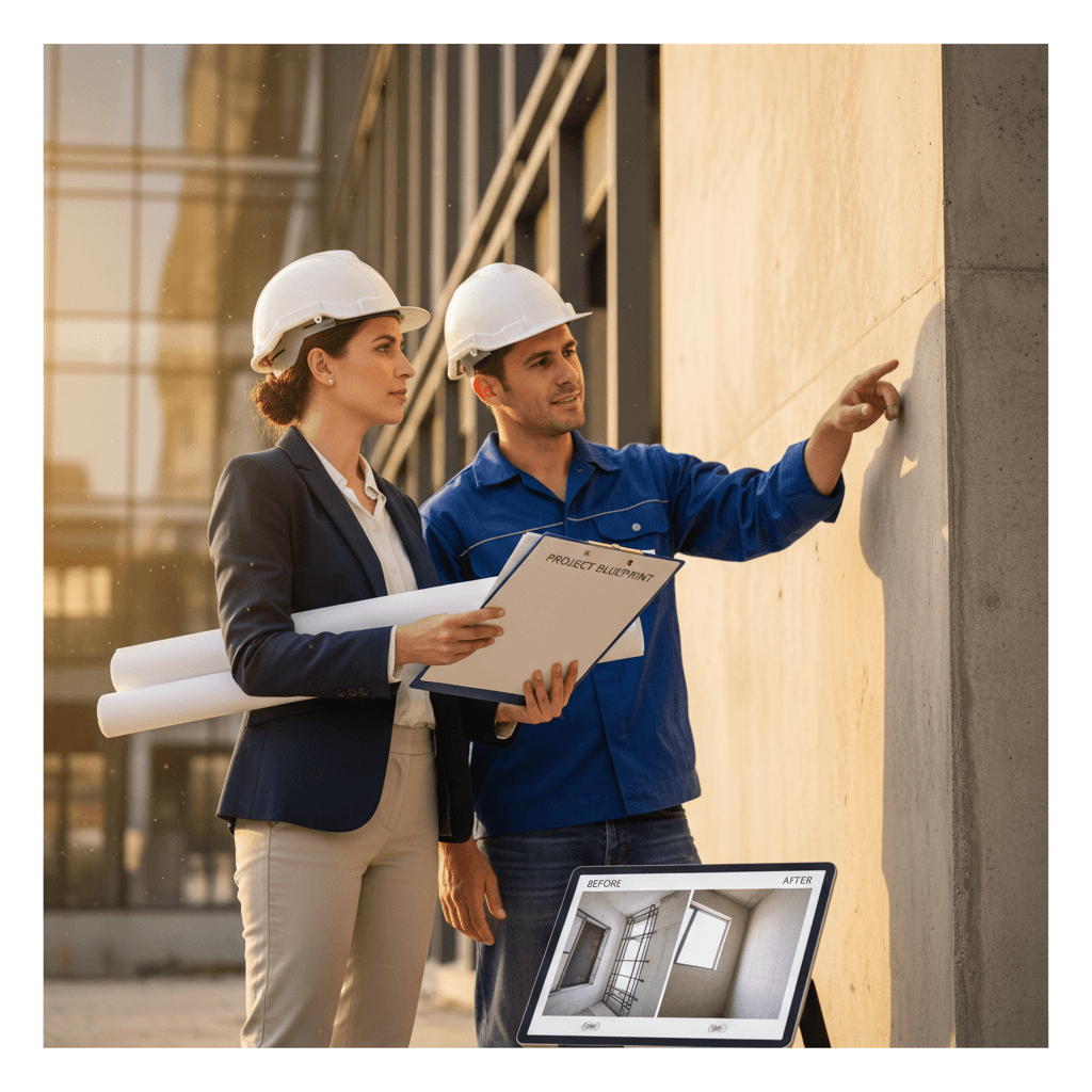 Projektleiter überprüft abgeschlossene Arbeiten mit Dokumentation