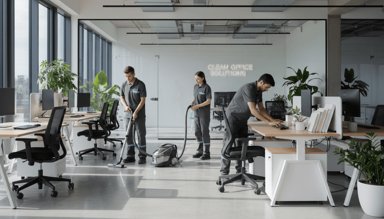Professional cleaning team of three diverse workers cleaning modern office space with natural light, vacuuming and polishing surfaces